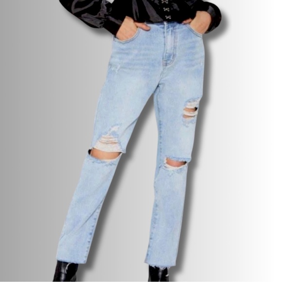 Nasty Gal Grunge Shred Over Heels Straight Jeans Sz. UK 8 / US 26 NWT - Picture 3 of 9